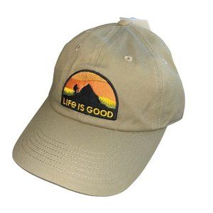 Life Is Good Hiking Mountains khaki Tan Baseball Cap Hat Adjustable NWT